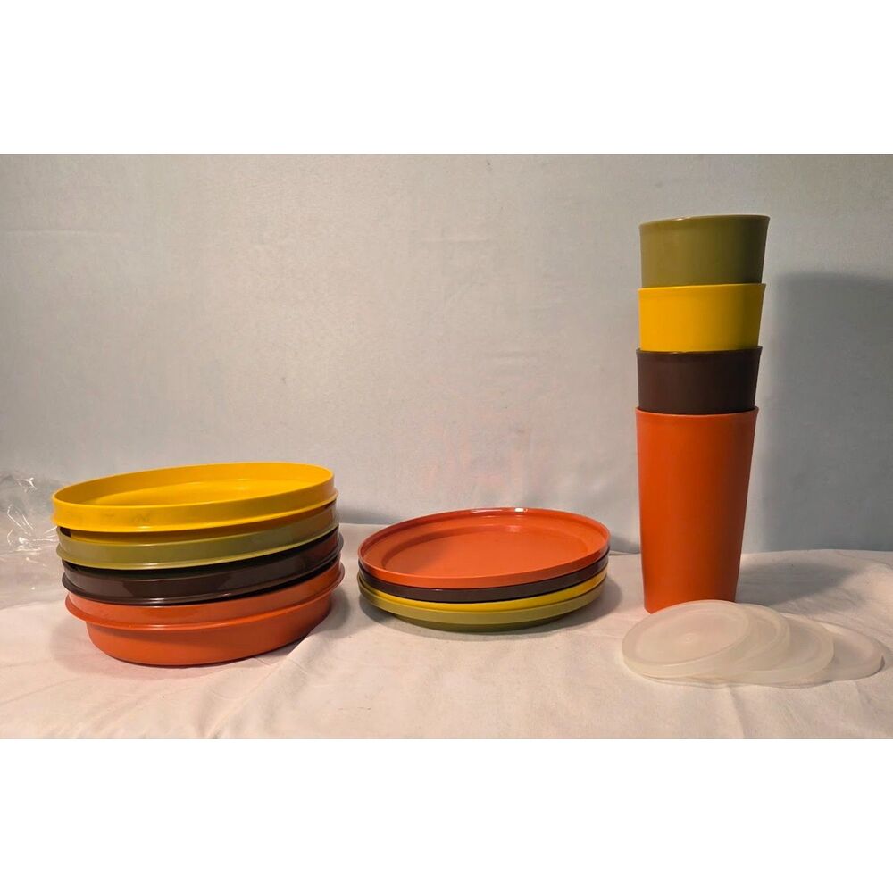 Vintage Tupperware Picnic Set Tumblers Plates & Bowls Retro Colors